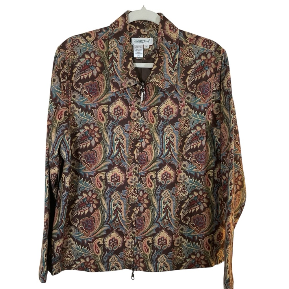Coldwater Creek Brown/Gold/Blue/Green Paisley Print Zip Front Blazer.  Size L